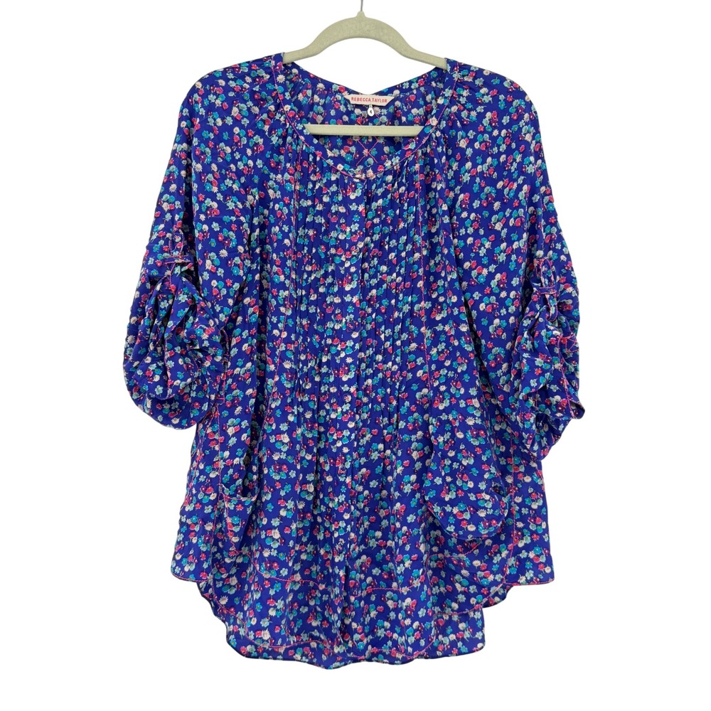 Rebecca Taylor Blue Floral 100% Silk Pintuck Pleated Blouse Pockets Size 4